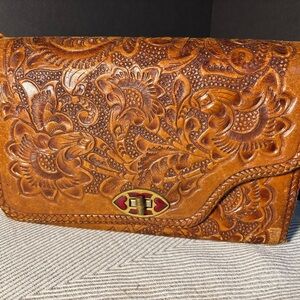 Vintage 1970’s Mexican folk art hand-tooled embosses leather satchel/purse